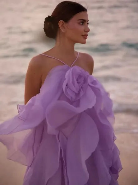 Cocoslly Halter Sleeveless High Waist Long Prom Dress With Ruffles | Lilac Chiffon LX0092