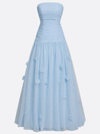 Light Blue 3D Floral Ruched Tulle Strapless Sleeveless A-Line Gown Dress