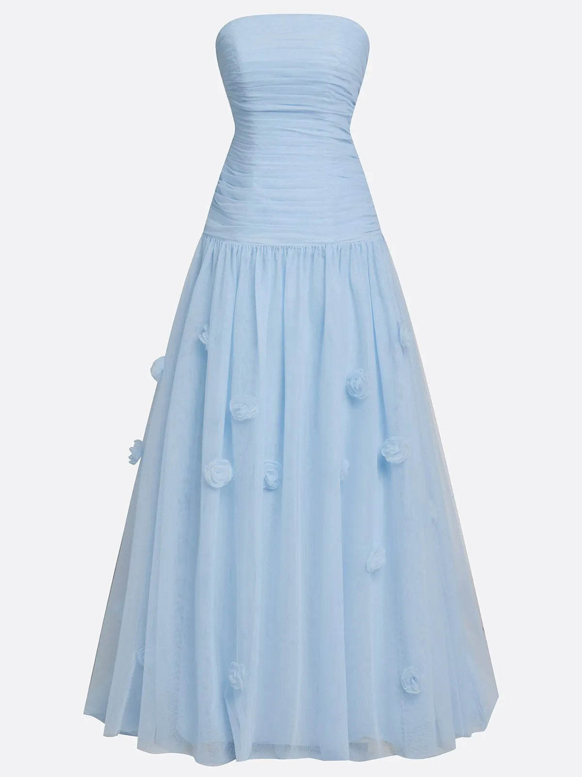 Light Blue 3D Floral Ruched Tulle Strapless Sleeveless A-Line Gown Dress