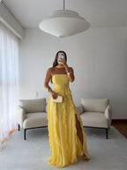 Cocoslly Strapless Sleeveless High Waist Long Split Prom Dress With Scarf And Ruffles | Daffodil Chiffon CO0189