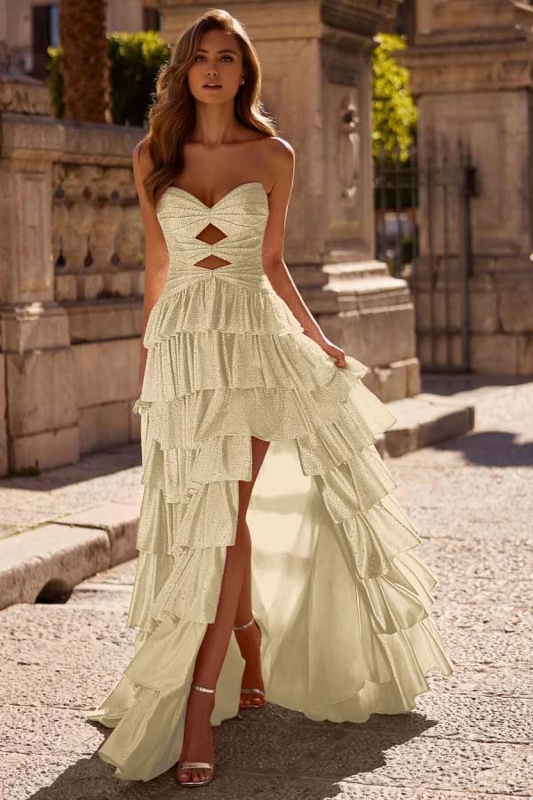 Strapless Sleeveless Long Split Prom Dress With Pleated Beading WQ0129
