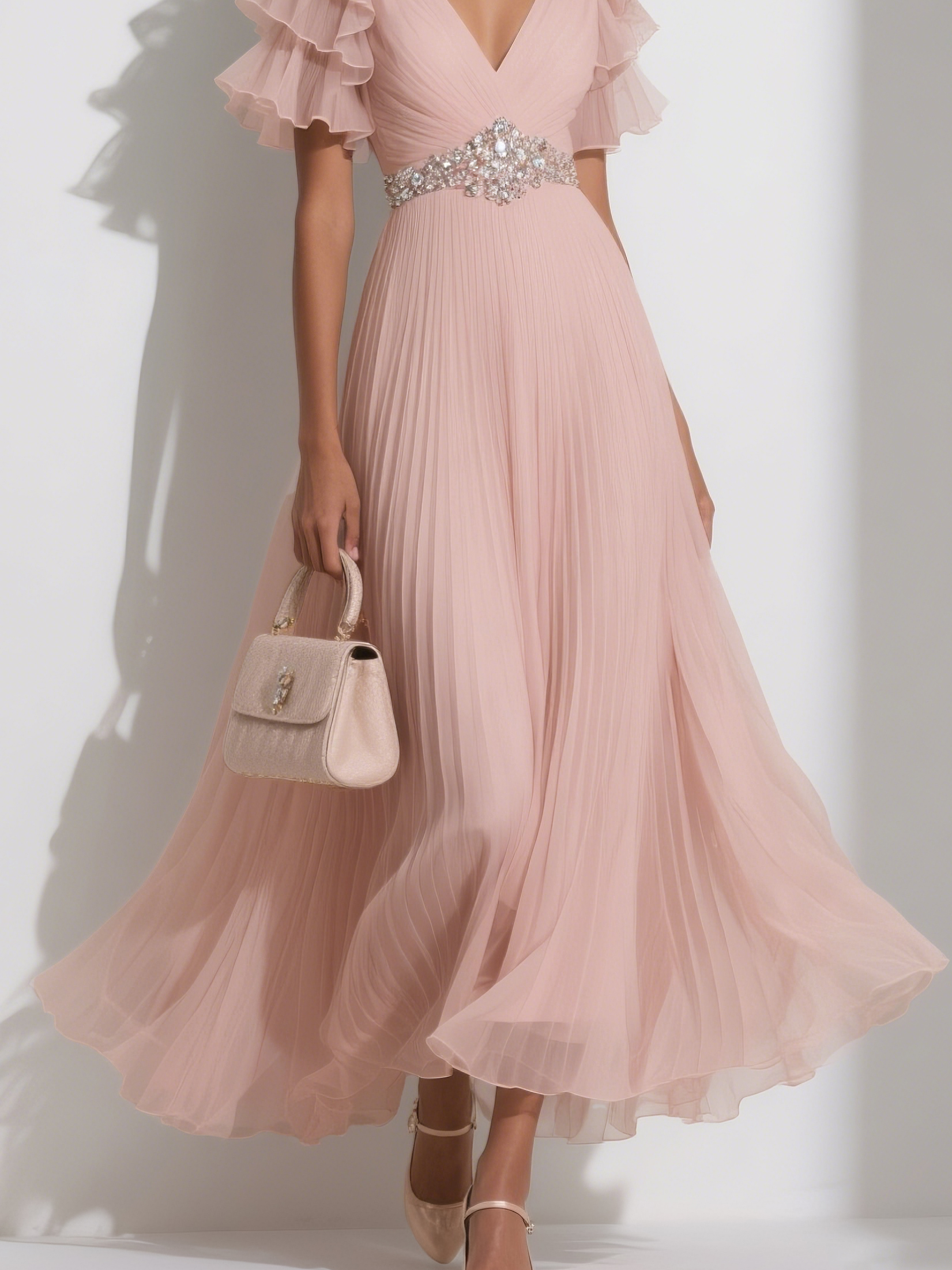 Pink Pleated Rhinestone Chiffon V Neck Short Sleeve Ruffle Sleeve A-Line Maxi Dress