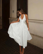 Glamorous Satin Halter Deep V-Neck Strapless Sleeveless Long A-Line Prom Dress YK0626