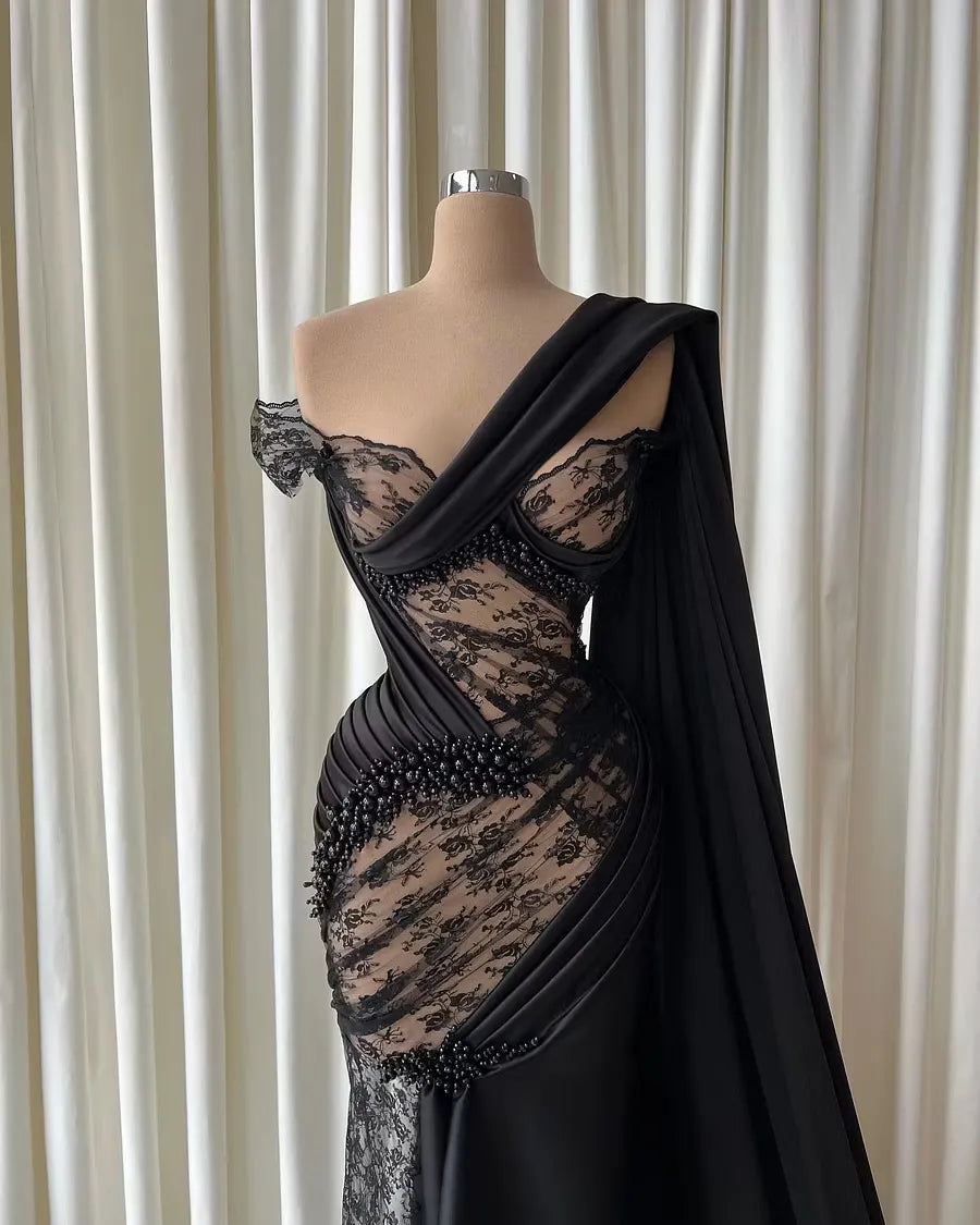 Cocoslly Strapless Sleeveless High Waist Long Prom Dress With Lace And Beading Pearls | Black Satin JZ0166