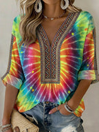 Women's Tie-dye Ethnic Art Pattern Printed Casual Long-sleeve T-shirt