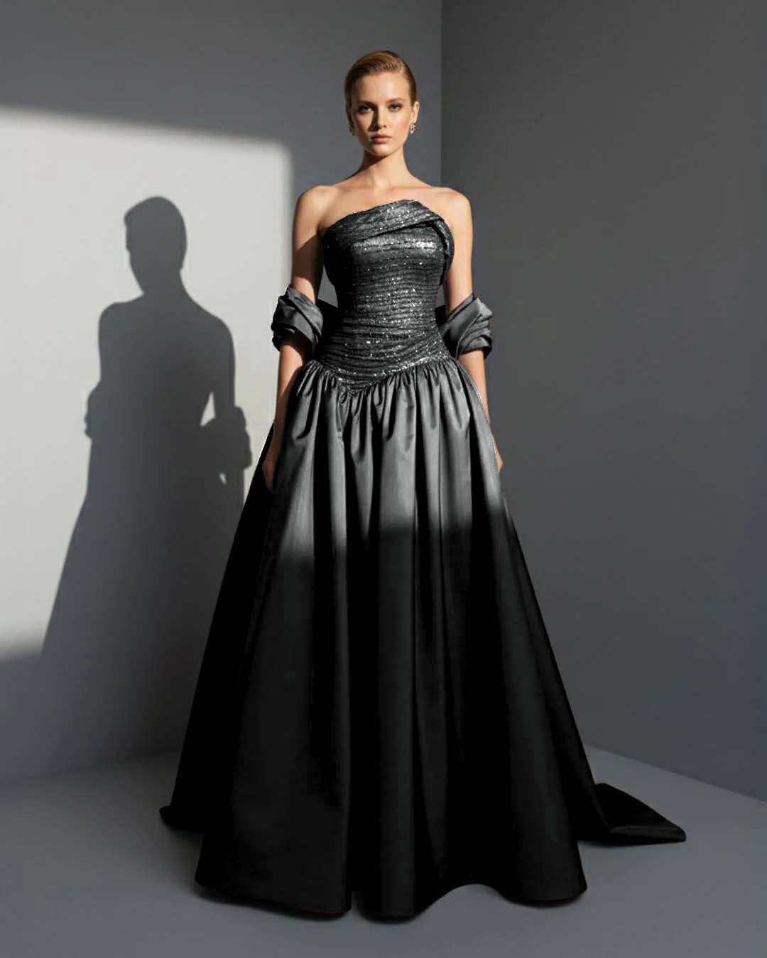 Satin Asymmetric Strapless Sleeveless Long Pleated A-Line Prom Dress With Beadings And Ruffles YK0766