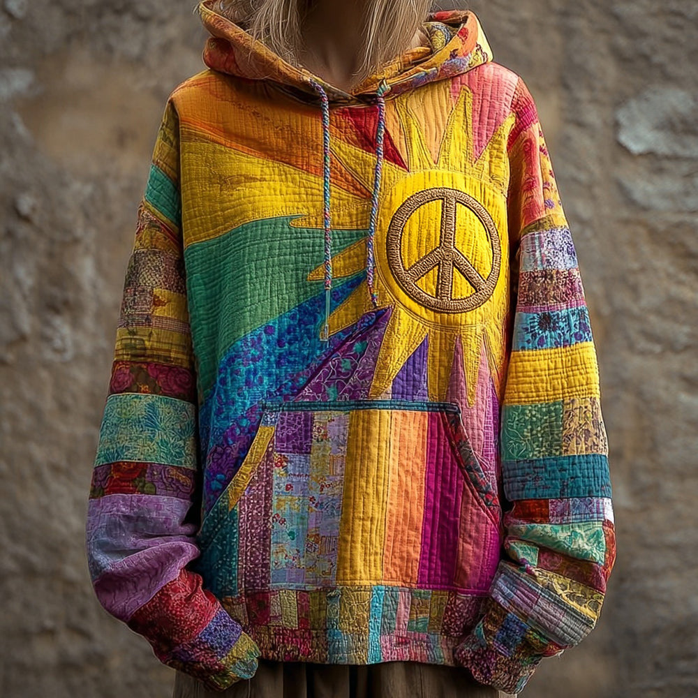 Vintage Hippie Peace Colored Patchwork Cozy Hoodie