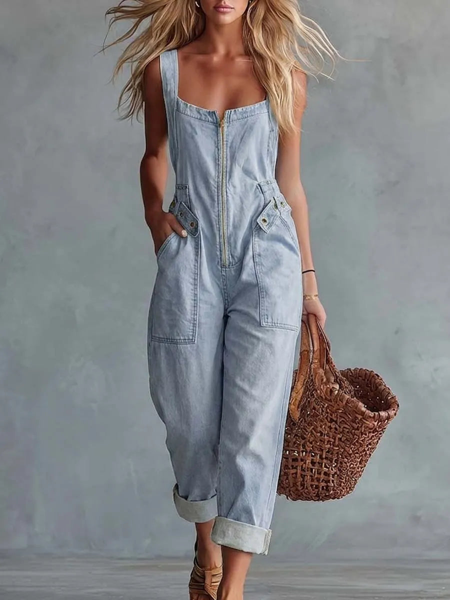 Casual Retro Square Neck Front Zipper Light Yellow Denim Jumpsuit