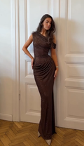Cocoslly Off-The-Shoulder  Sleeveless High Waist Long Mermaid Prom Dress With Sequins | Brown Sequins CO0214