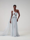 Cocoslly One Shoudler Sleeveless High Waist Long Prom Dress With Rhinstone | Ice White Chiffon YK1281