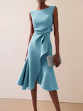 Light Blue Asymmetric Ruffled Classic Boat Neck Sleeveless Midi Elegant A-line Dress with Waist Twist for Day-to-Night