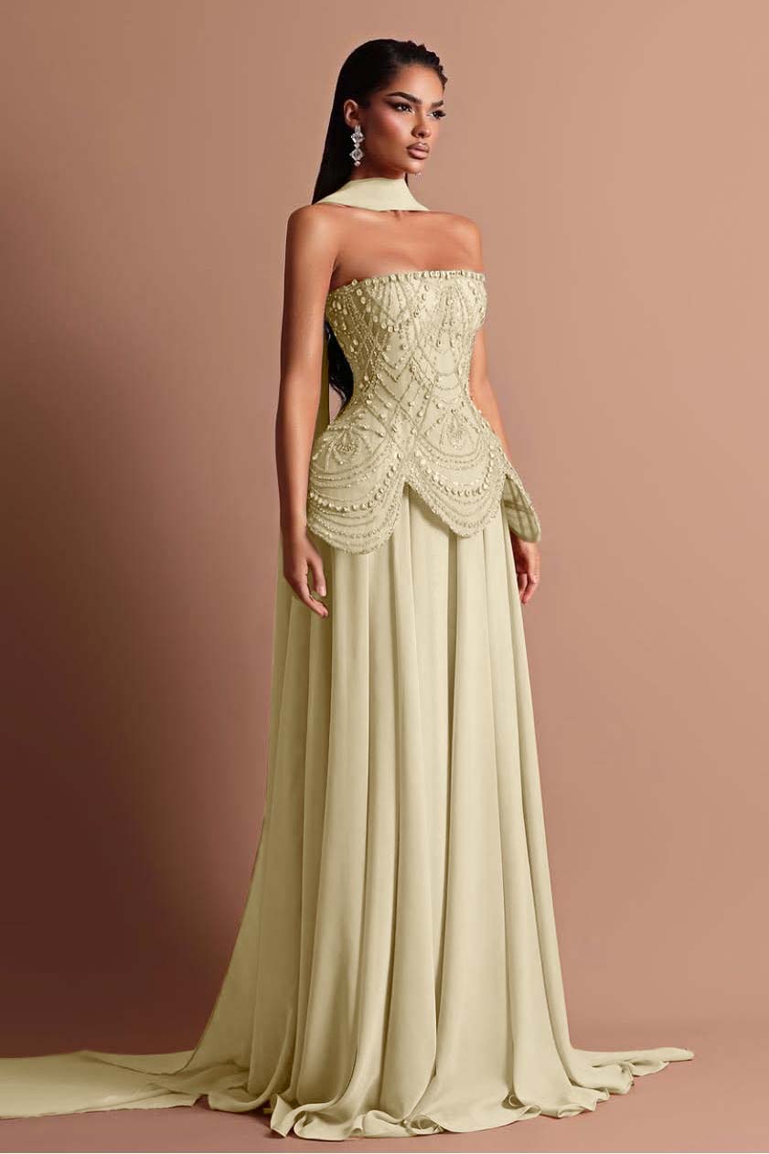 Strapless Sleeveless Long Prom Dress With Beading Pleated Wrap WQ0084