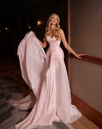 Cocoslly Strapless Sleeveless High Waist Long Prom Dress With Pleated | Blushing Pink Chiffon YC0561