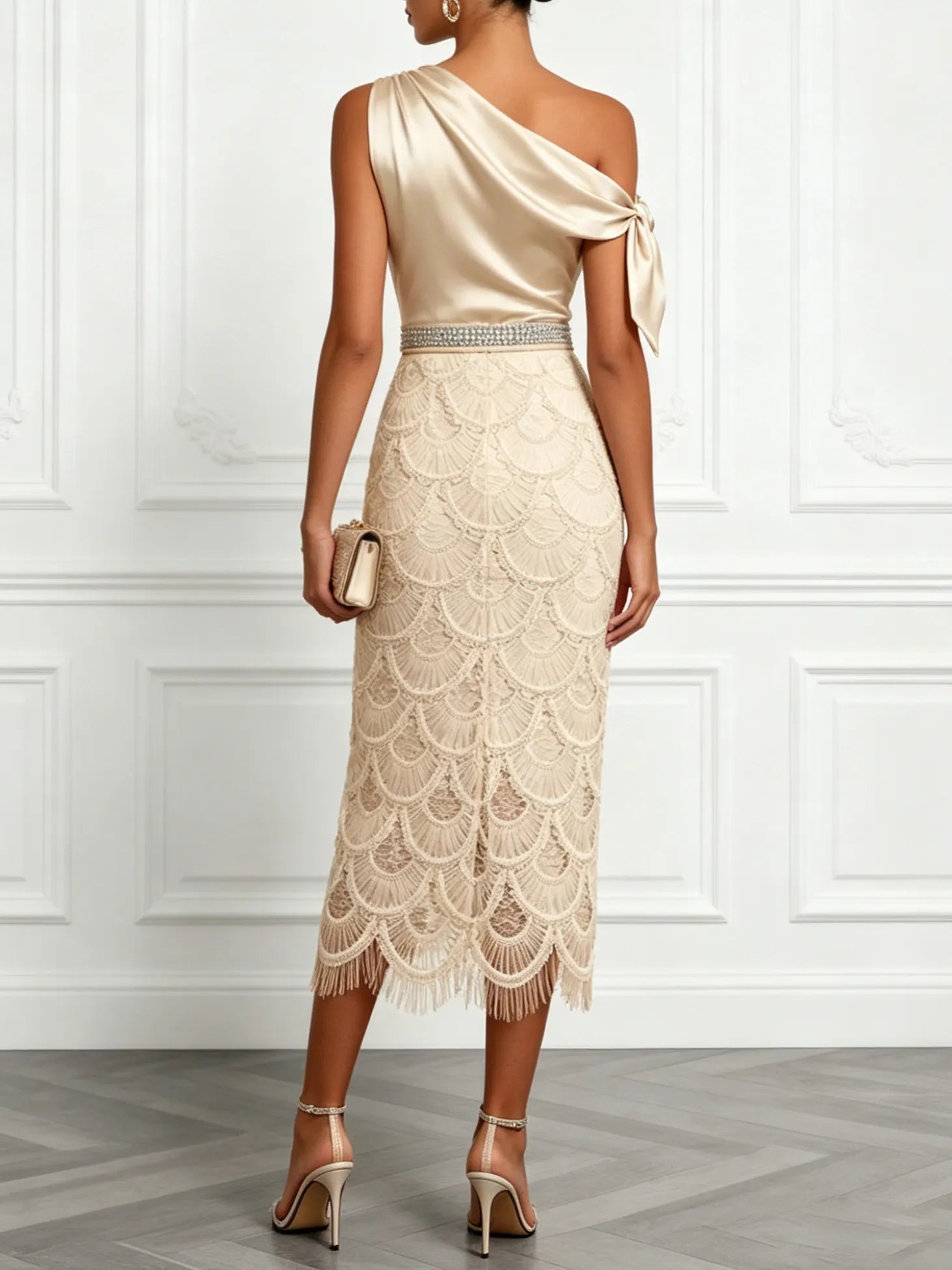 Champagne Rhinestone Bow Satin One Shoulder Short Sleeve Sheath Midi Dress
