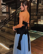 Cocoslly Strapless Sleeveless High Waist Long Prom Dress | Black And Dusty Blue Satin And Tulle YC0567