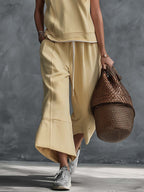 Retro-Casual Sports Light Yellow Cotton Crew-Neck Top And Cropped Pants Set