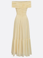 Yellow 3D Floral Chiffon Off The Shoulder Short Sleeve A-Line Maxi Dress
