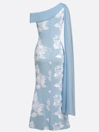 Light Blue Jacquard Classic One Shoulder Sleeveless Mermaid Floor-length Gown Dress