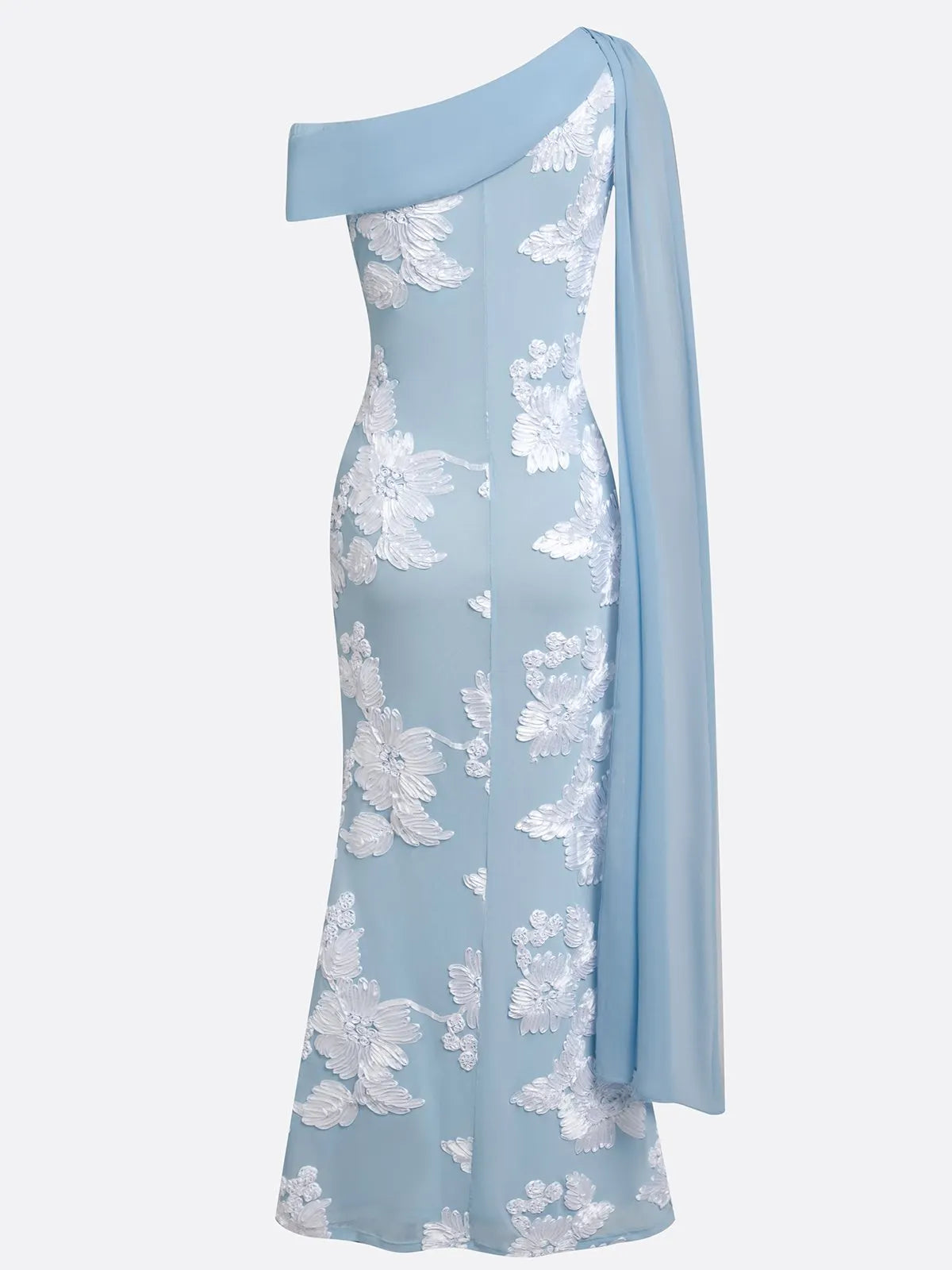 Light Blue Jacquard Classic One Shoulder Sleeveless Mermaid Floor-length Gown Dress