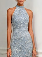 Light Blue Jacquard Classic Halter Neck Sleeveless Sheath Denim Midi Dress
