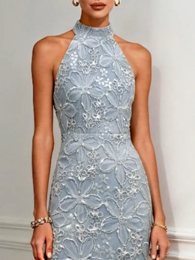 Light Blue Jacquard Classic Halter Neck Sleeveless Sheath Denim Midi Dress