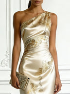 Beige Floral Satin One Shoulder Sleeveless Sheath Floor-length Gown Dress