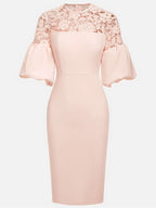 Pink Lace Classic Crew Neck Short Sleeve Balloon Sleeve Sheath Midi Dress