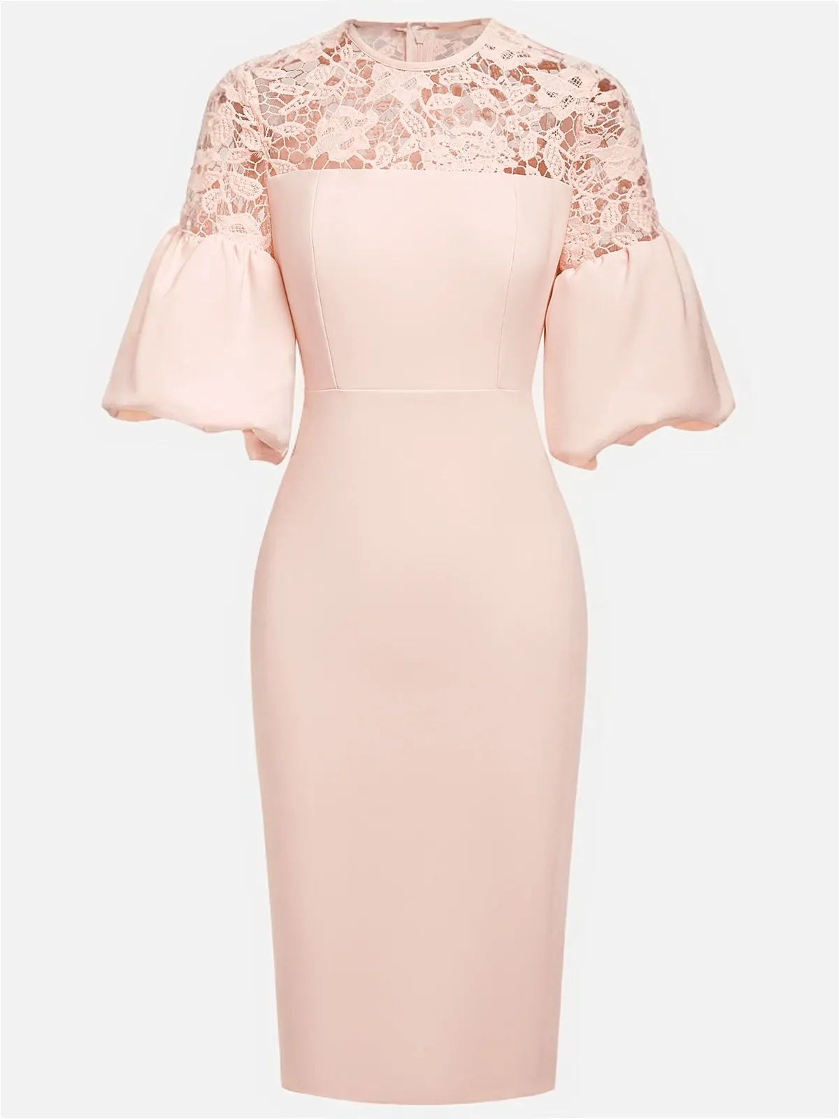 Pink Lace Classic Crew Neck Short Sleeve Balloon Sleeve Sheath Midi Dress