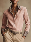 Western Retro Leopard Print Pink Faux Suede Long-Sleeve Shirt