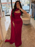 Cocoslly Strapless Sleeveless High Waist Long Prom Dress With Shawl And Rhinstone | Dusty Sage Satin YK1255