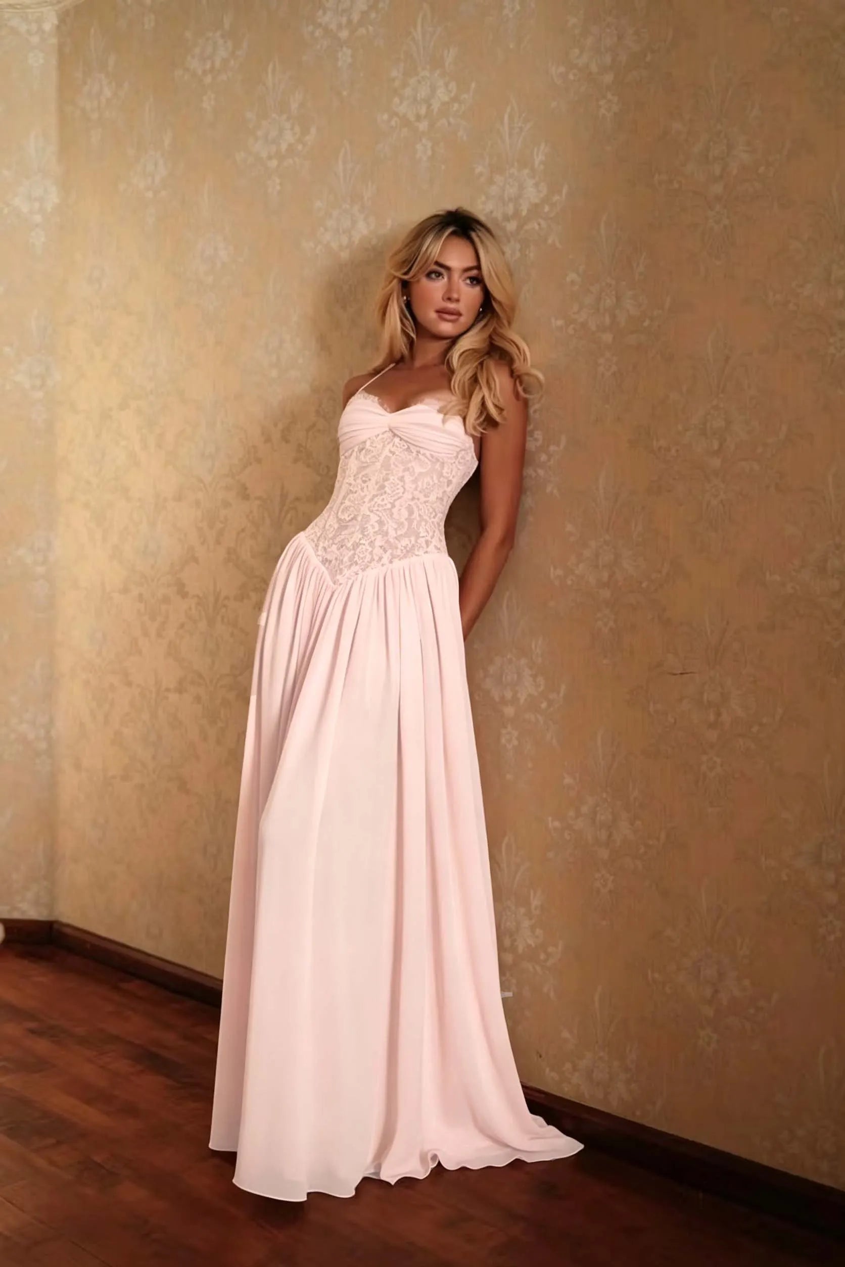 Cocoslly Spaghetti Straps Sleeveless High Waist Long Prom Dress | Glod Champage Chiffon YC0559