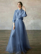 Cocoslly High Neck Long Sleeves High Waist Long Prom Dress | Blushing Pink Tulle LR0409