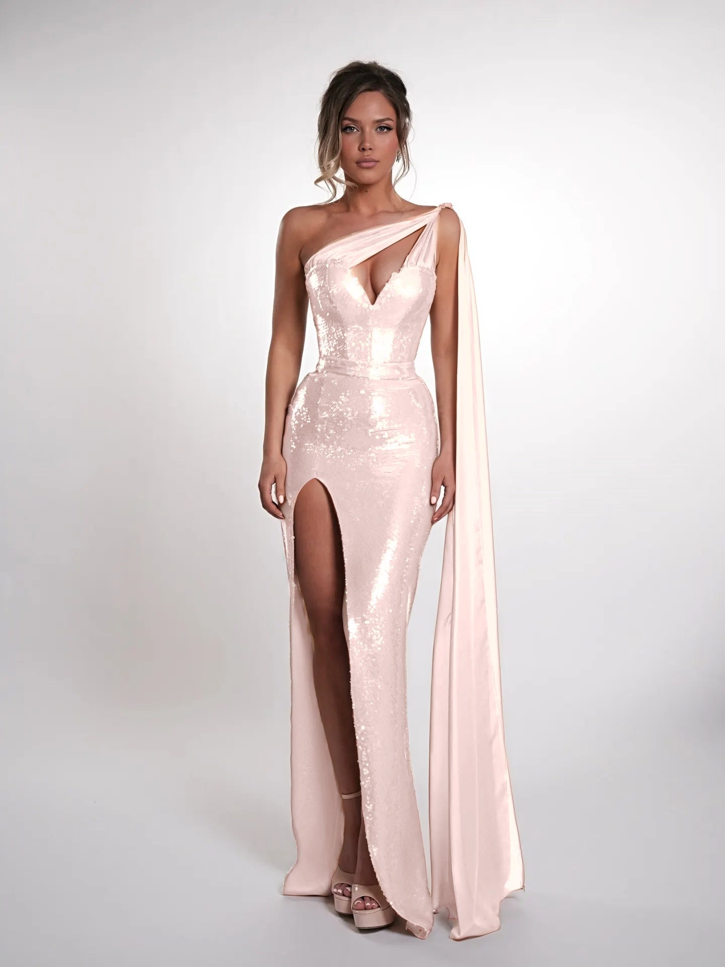 Cocoslly One Shoulder Sleeveless High Waist Long Prom Dress With Deep Split | Nude Sequins JZ0150