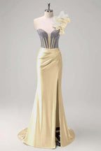 Satin V-Neck Strapless Sleeveless Long Pleated Mermaid Prom Dress With Rhinstone And High Split YK0320