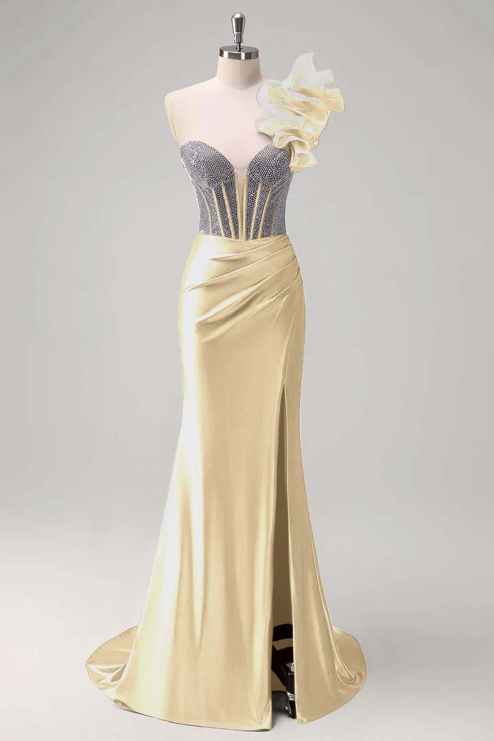 Satin V-Neck Strapless Sleeveless Long Pleated Mermaid Prom Dress With Rhinstone And High Split YK0320