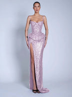 V-Neck Spaghetti Straps Sleeveless Long Mermaid Prom Dress With Split And Sequins YK0713
