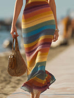 Retro Western Style V-Neck Colorful Striped Breathable Knitted Maxi Dress