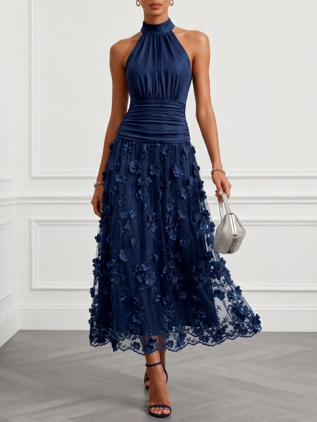 Purplish Blue 3D Floral Embroidery Classic Halter Neck Sleeveless A-Line Maxi Dress