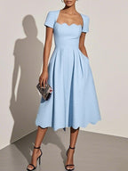 Light Blue Asymmetric Classic Square Neck Short Sleeve A-Line Midi Dress