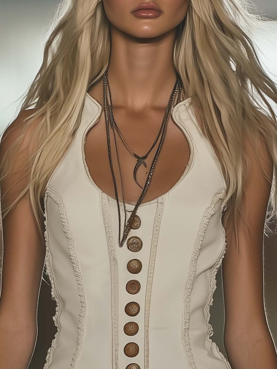 銆�24-hour shipping out銆慐legant Western Chic Round Neck White Tassel Mini Dress