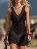 Retro V-neck Fringed Suede Sleeveless Mini Dress