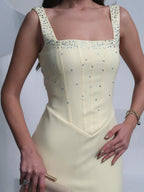 Cocoslly Wide Straps Sleeveless Long Prom Dress With Rhinstone | Cream Yellow Satin CO0071