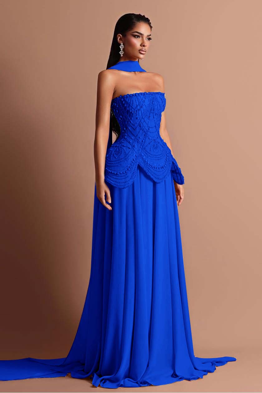 Strapless Sleeveless Long Prom Dress With Beading Pleated Wrap WQ0084