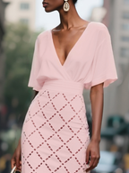 Pink Rayon Hollow Out Classic V Neck Short Sleeve Sheath Midi Dress