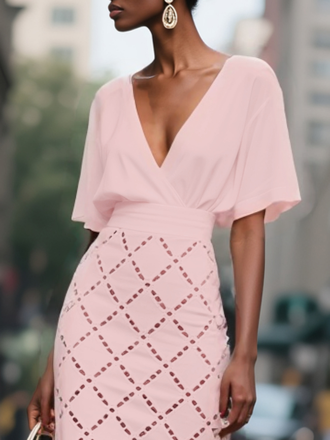 Pink Rayon Hollow Out Classic V Neck Short Sleeve Sheath Midi Dress