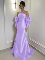 Burgundy Satin Strapless Bubble Sleeves Long Mermaid Prom Dress With Pleated YK0710