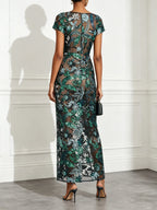 Green Glitter Slit Sequin Boat Neck Short Sleeve Sheath Maxi Dress