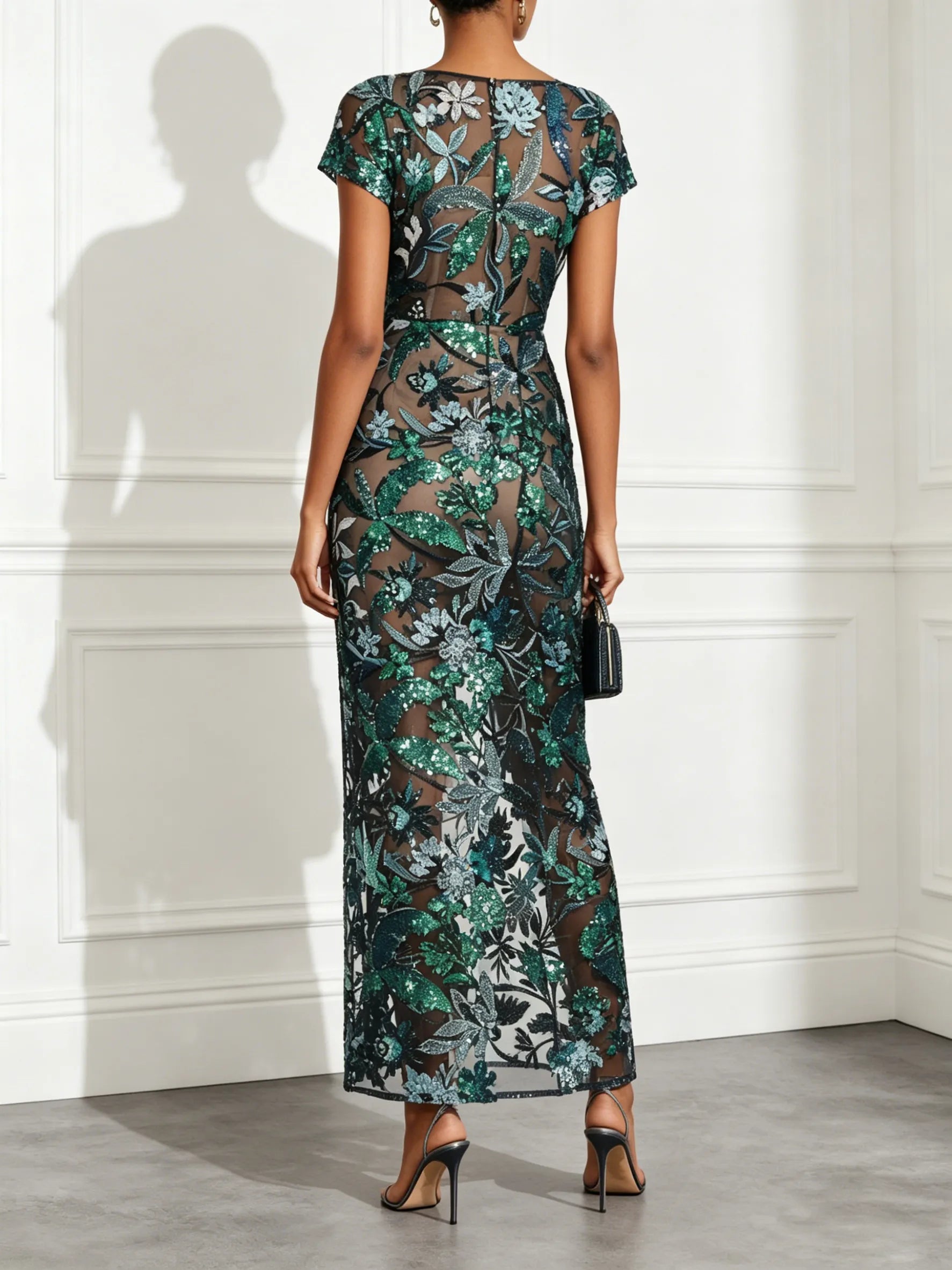 Green Glitter Slit Sequin Boat Neck Short Sleeve Sheath Maxi Dress