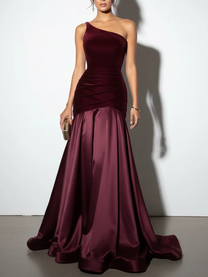 Burgundy Satin Ruched Split Joint Velvet One Shoulder Sleeveless A-Line Gown Dress