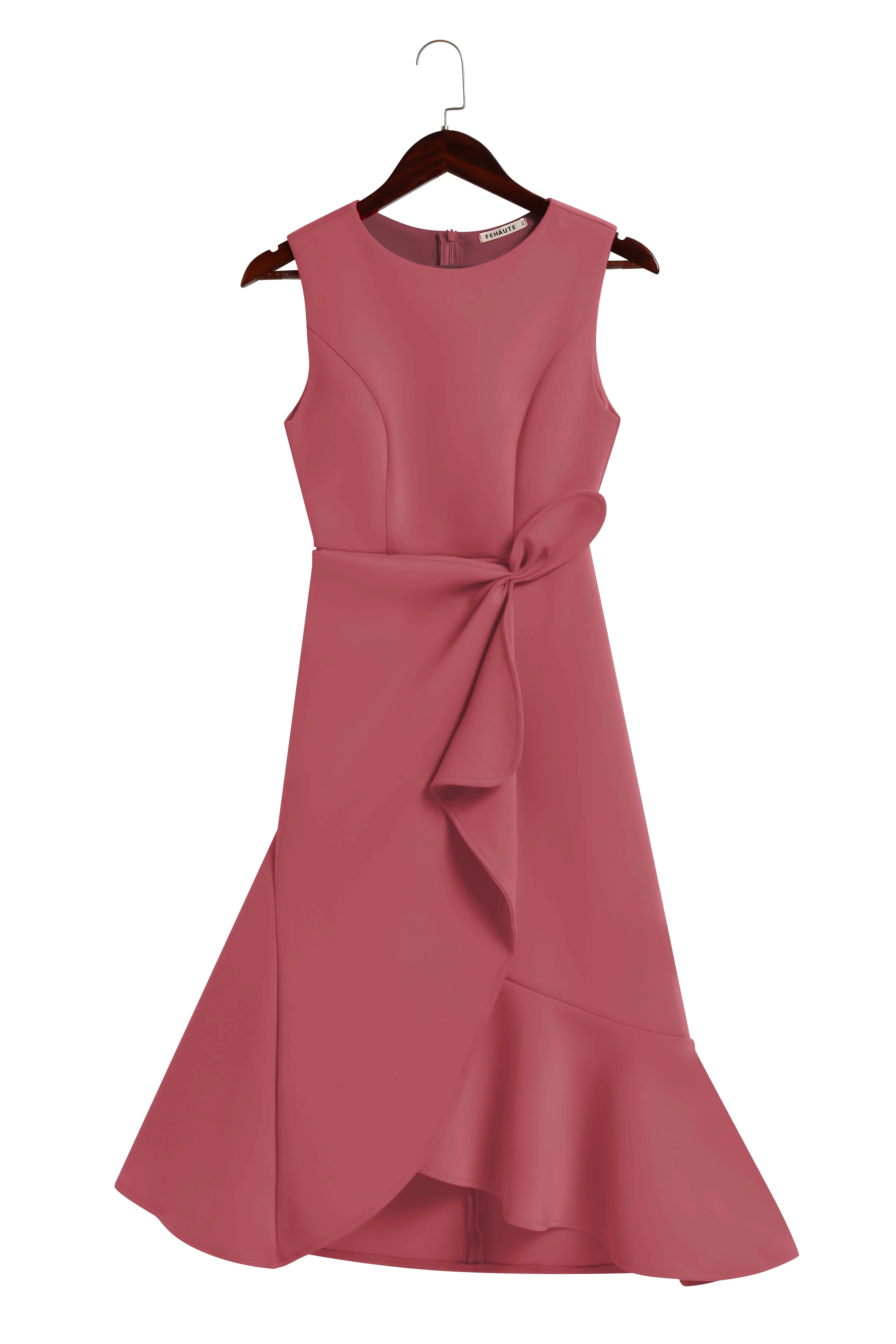 Pink Asymmetric Ruffled Classic Boat Neck Sleeveless A-Line Midi Dress